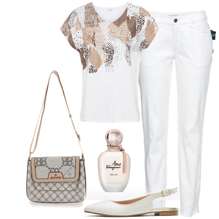 Outfit donna - Comodità in ufficio. Stile Casual per Ufficio. Abbinamento con pantaloni skinny, maglieria, ballerine, pantaloni capri, profumi, borse a tracolla.