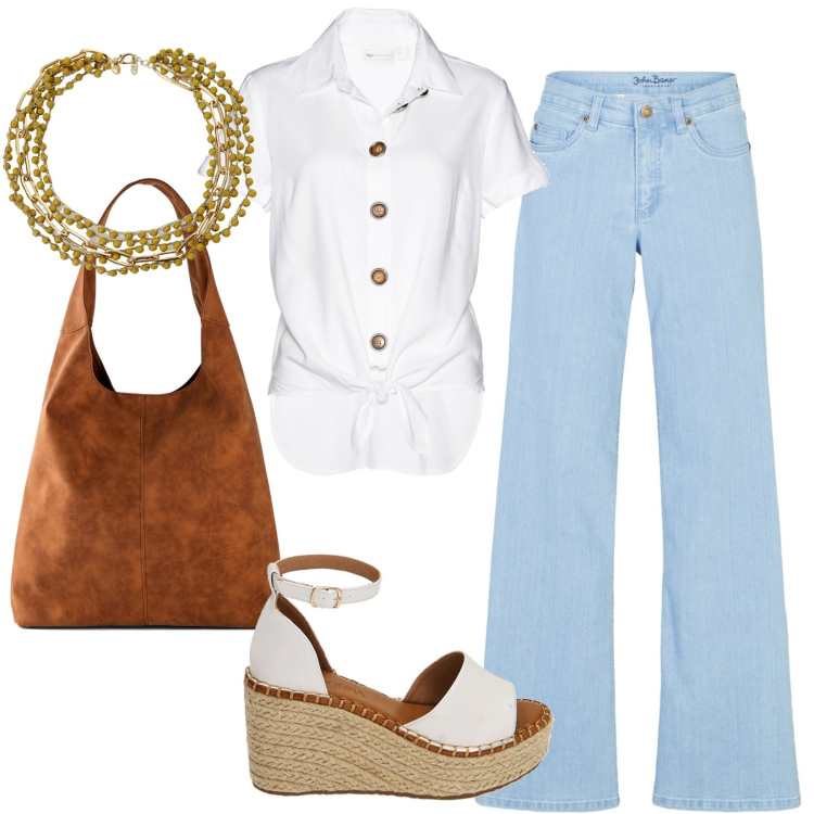 Outfit donna - Must have: jeans leggeri. Stile Casual per Tutti i giorni. Abbinamento con jeans, shopping bag, camicie, zeppe, collane.