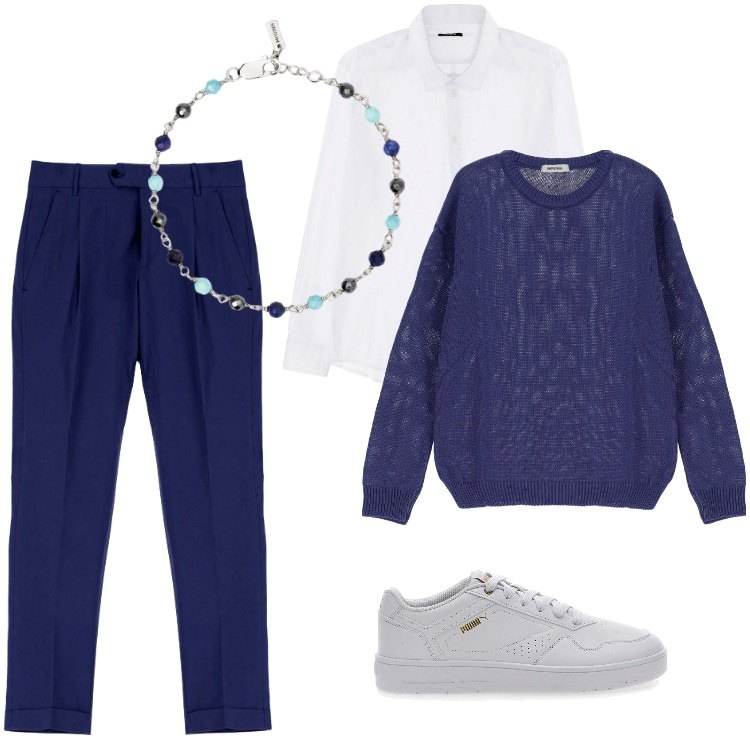 Outfit uomo - Total look #1909359. Stile Trendy per Ufficio. Abbinamento con braccialetti, camicie, pullovers, pantaloni, sneakers.
