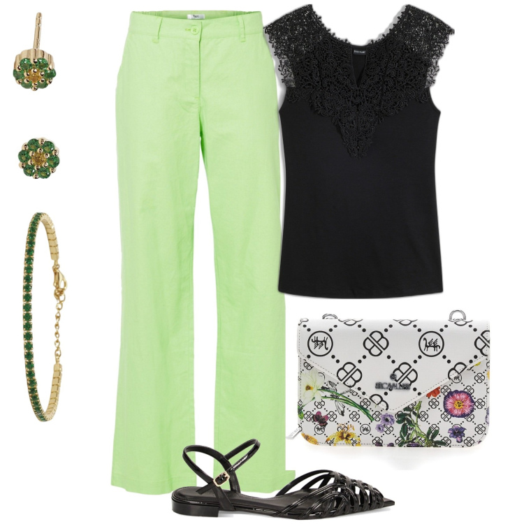 Outfit donna - Pantaloni in lino verde lime. Stile Casual chic per Serata fuori. Abbinamento con top, pantaloni, orecchini, braccialetti, ballerine, borse a tracolla.