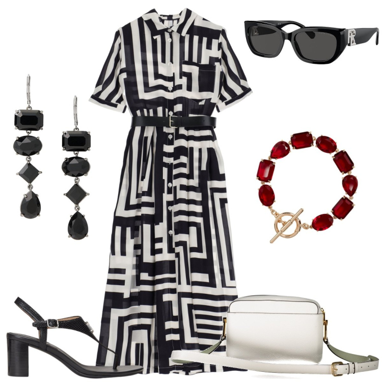 Outfit donna - Total look #1909394. Stile Chic per Tutti i giorni. Abbinamento con vestiti lunghi, occhiali da sole, sandali in pelle, orecchini, braccialetti, borse a tracolla.