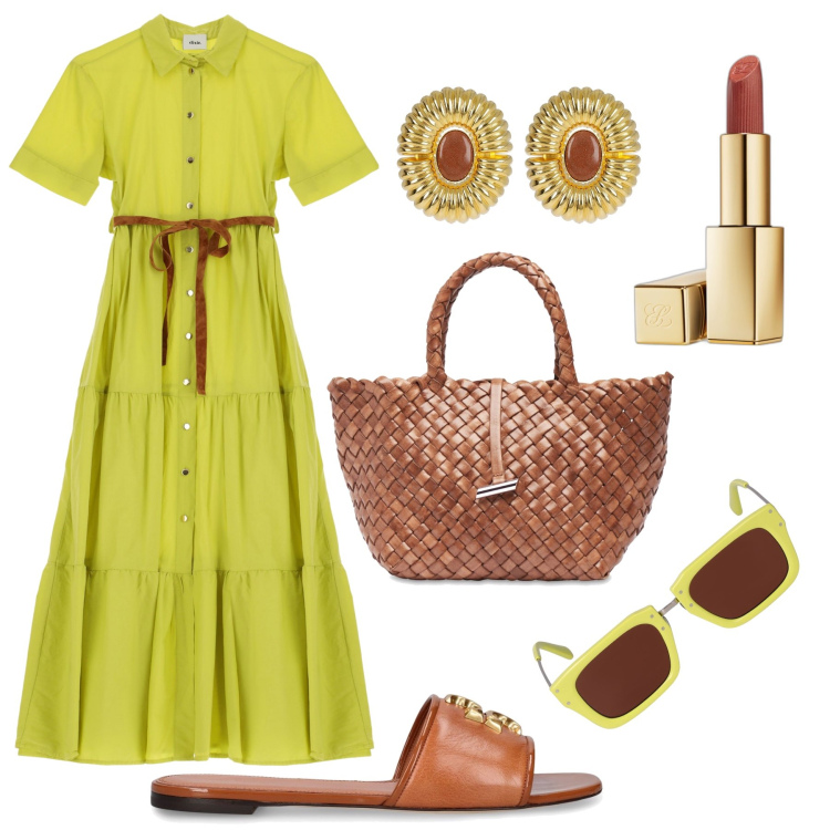 Outfit donna - Lime: ufficio, serata, gita…ovunque. Stile Trendy per Tutti i giorni. Abbinamento con rossetti, vestiti lunghi, occhiali da sole, sandali in pelle, orecchini, borse a mano.