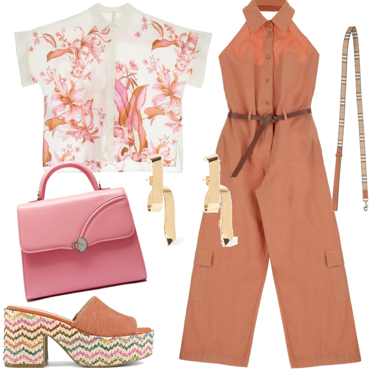 Outfit donna - Total look #1909418. Stile Casual per Tutti i giorni. Abbinamento con camicie a manica corta, tute, sandali, anelli, borse a mano, orecchini.