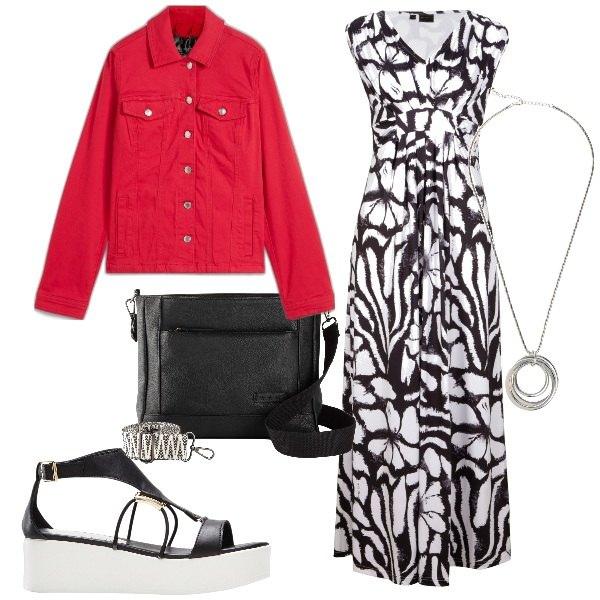 Outfit donna - Total look #1909430. Stile Urban per Tutti i giorni. Abbinamento con blazer, borse a tracolla, vestiti lunghi, sandali col tacco, collane.