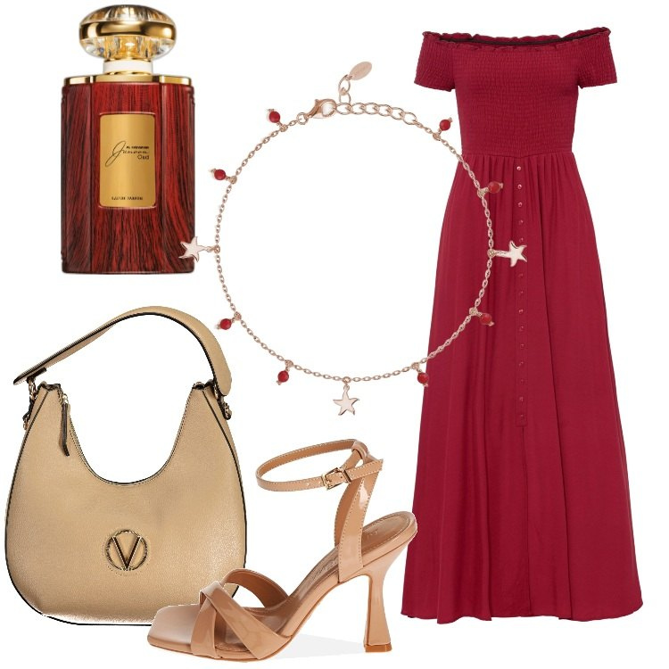 Outfit donna - Abito Cherry Red con dettagli smock. Stile Romantica per Serata fuori. Abbinamento con vestiti, profumi, braccialetti con ciondoli, sandali col tacco, borse a spalla.