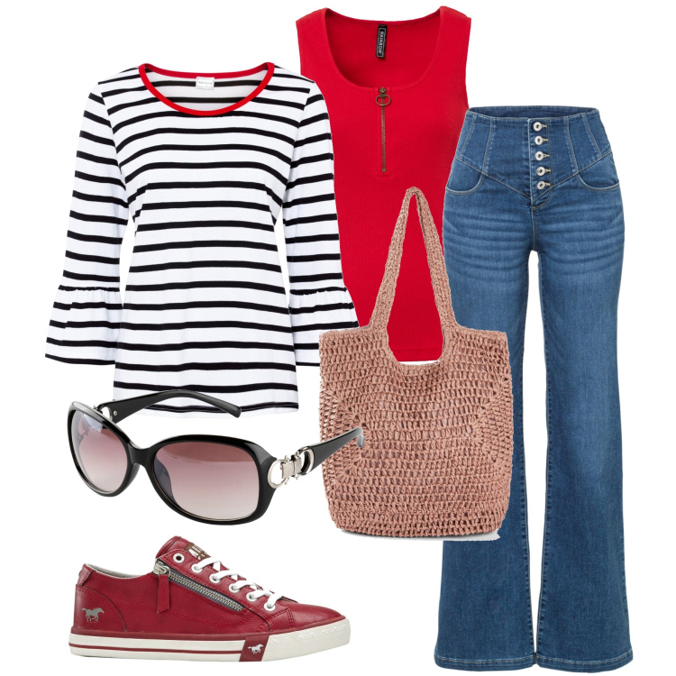 Outfit donna - Bonprix. Stile Casual per Ufficio. Abbinamento con top, jeans a zampa, ciondoli, occhiali da sole, shopping bag, sneakers.