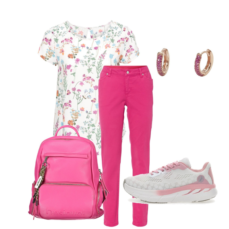 Outfit donna - E si potevano mangiare anche le fragole. Stile Casual per Ufficio. Abbinamento con bluse, jeans, orecchini, sneakers, zaini.