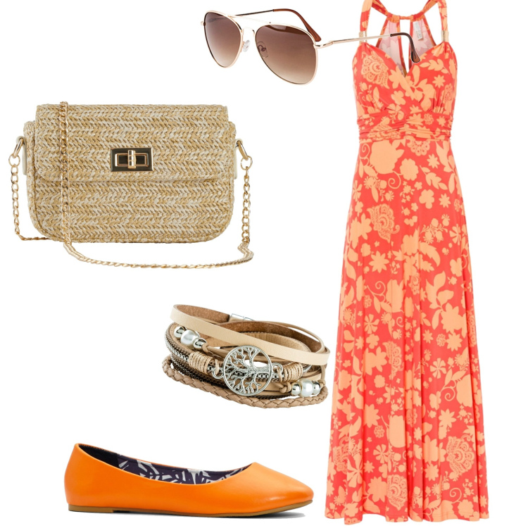 Outfit donna - Bonprix. Stile Casual chic per Serata fuori. Abbinamento con braccialetti, occhiali da sole, vestiti lunghi, borse a mano, ballerine.