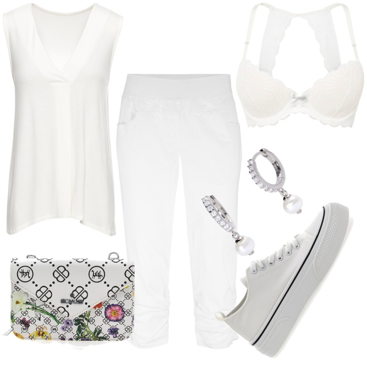 Outfit donna - Total look #1909468. Stile Casual per Tutti i giorni. Abbinamento con pantaloni, top, reggiseni, orecchini, borse a tracolla, sneakers.