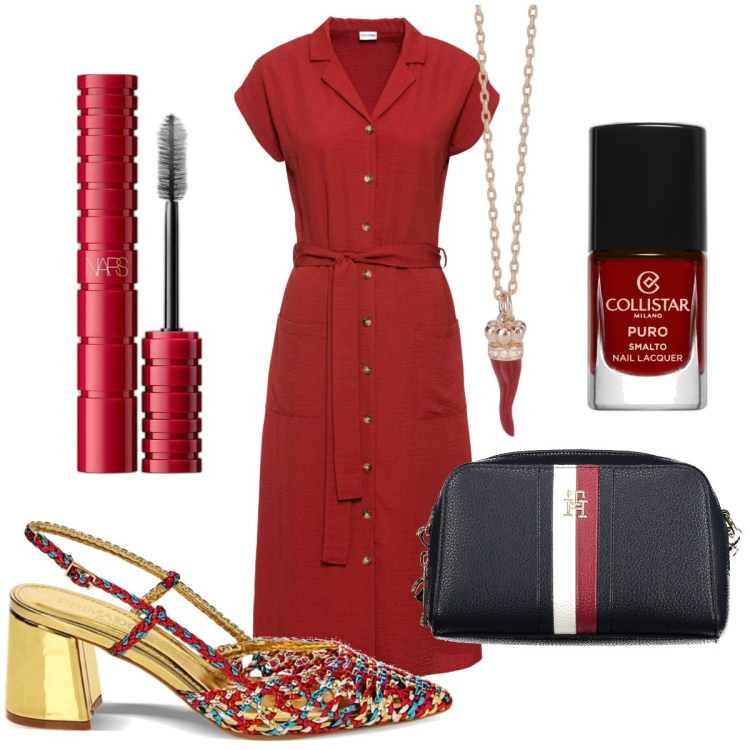 Outfit donna - Rosso vincente. Stile Glamour Abbinamento con vestiti, smalti, mascara, collane, décolleté, borse a tracolla.