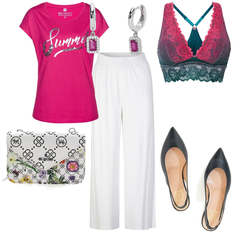 Outfit donna - Total look #1909470. Stile Casual per Tutti i giorni. Abbinamento con pantaloni, maglieria, bralette, orecchini, ballerine, borse a tracolla.