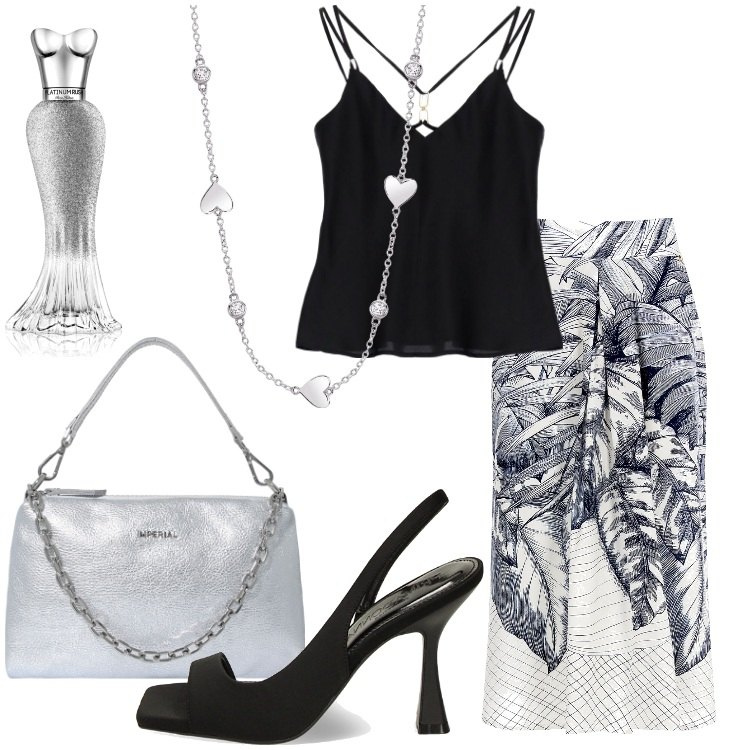 Outfit donna - Elegantemente. Stile Chic per Serata fuori. Abbinamento con profumi, collane, gonne, pochette, canottiere, sandali col tacco.