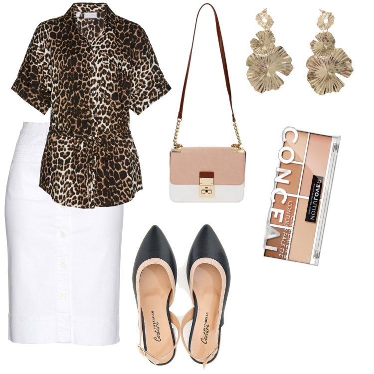 Outfit donna - Total look #1909486. Stile Casual per Ufficio. Abbinamento con camicie a manica corta, gonne, primer, borse a tracolla, orecchini, ballerine.
