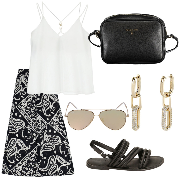 Outfit donna - Leggera con un tocco chic. Stile Casual chic per Tutti i giorni. Abbinamento con orecchini, pantaloni a palazzo, canottiere, sandali in pelle, borse a tracolla, occhiali da sole.