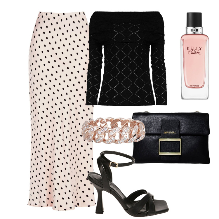 Outfit donna - Serata. Stile Chic per Serata fuori. Abbinamento con profumi, anelli, gonne, maglieria, pochette, sandali col tacco.