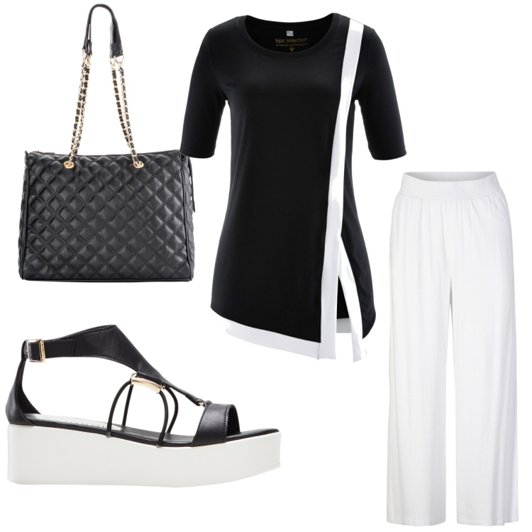 Outfit donna - bianco e nero. Stile Bon Ton per Tutti i giorni. Abbinamento con pantaloni, shopping bag, maglieria, sandali col tacco.