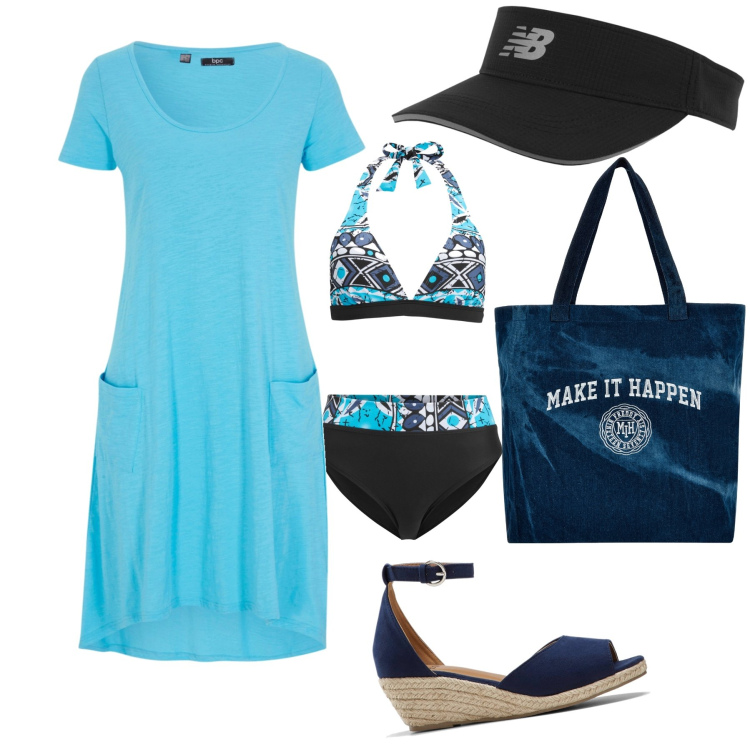 Outfit donna - Un abitino per la spiaggia. Stile Trendy per Mare. Abbinamento con bikini, vestiti, sandali, cappelli con visiera, shopping bag.