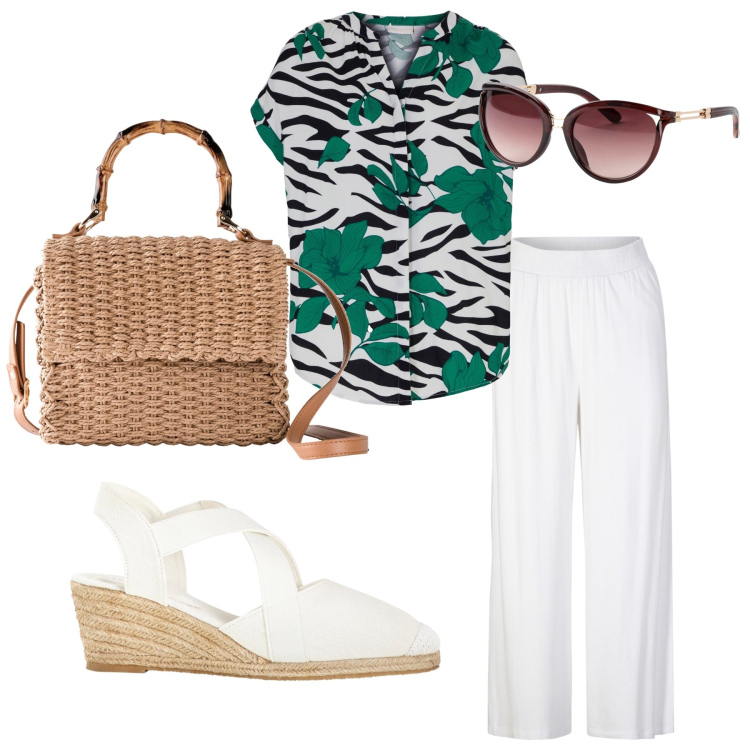 Outfit donna - estate in citta’. Stile Casual chic per Tutti i giorni. Abbinamento con pantaloni, occhiali da sole, camicie, sandali, borse a mano.