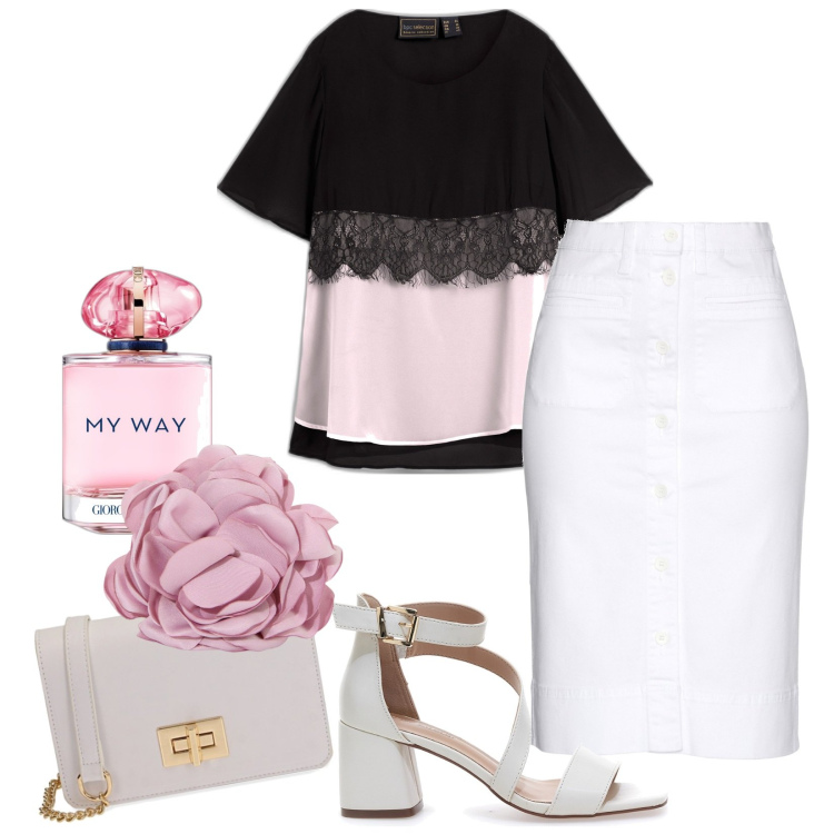 Outfit donna - Total look #1909505. Stile Casual chic per Ufficio. Abbinamento con tuniche, gonne, profumi, borse a tracolla, braccialetti, sandali col tacco.