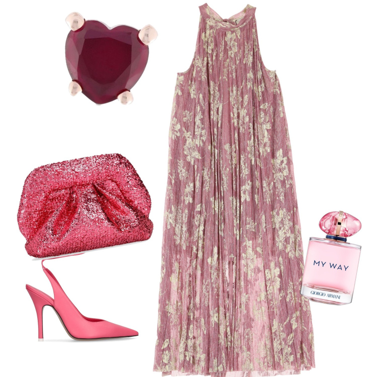 Outfit donna - Chic con my way. Stile Chic per Serata fuori. Abbinamento con profumi, vestiti lunghi, orecchini, pochette, décolleté.
