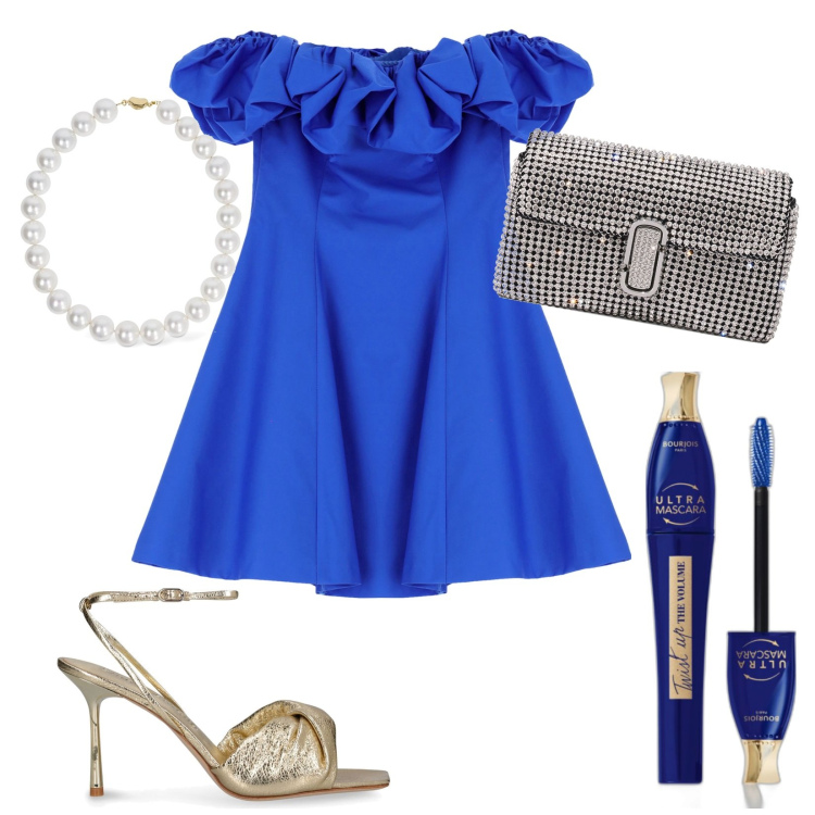 Outfit donna - Serate estive. Stile Chic per Serata fuori. Abbinamento con mascara, vestiti corti, sandali in pelle, borse a spalla, collane.