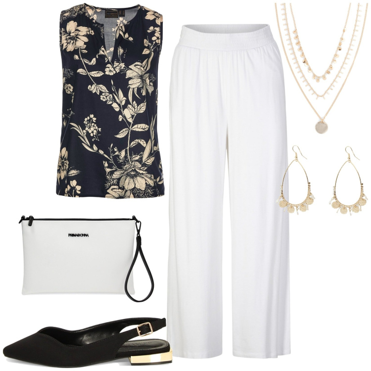 Outfit donna - Total look #1909513. Stile Casual per Ufficio. Abbinamento con pantaloni, top, collane, valigie, ballerine, orecchini.