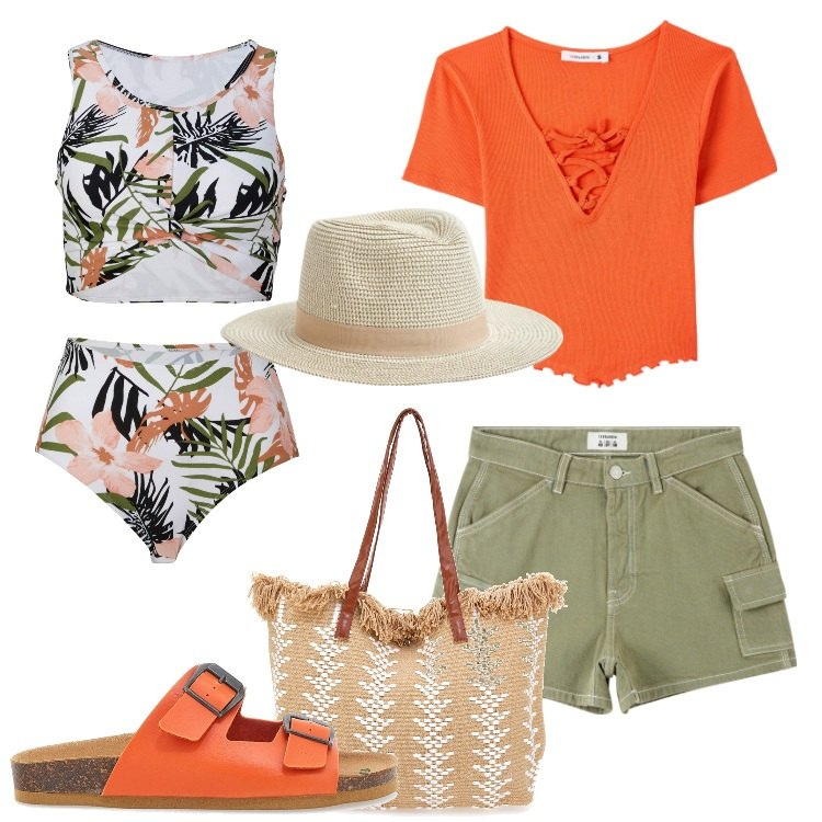 Outfit donna - Bantoa Summer Sales. Stile Etnico per Mare. Abbinamento con bikini, pantaloni corti, t-shirt, cappelli, ciabatte, borse a spalla.
