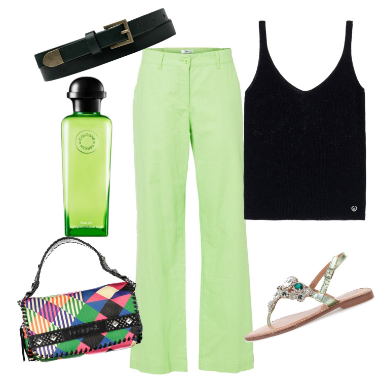Outfit donna - Il pantalone verde lime. Stile Casual chic per Serata fuori. Abbinamento con pantaloni, profumi, canottiere, sandali gioiello, collane, cinture.