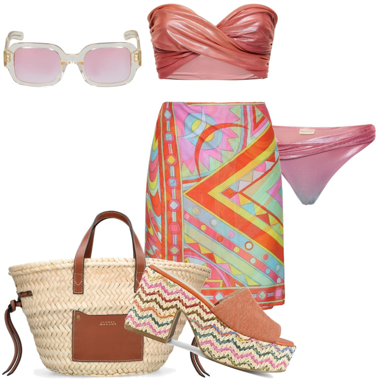 Outfit donna - Total look #1909524. Stile Chic per Mare. Abbinamento con sandali, shopping bag, occhiali da sole, bikini, bikini, vestiti da spiaggia.