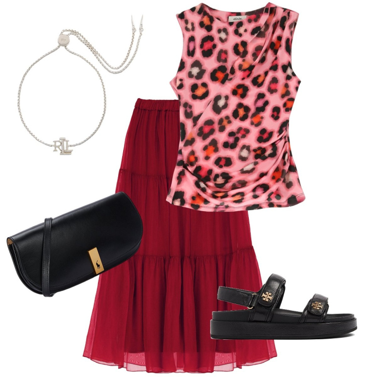 Outfit donna - Il top leopardato. Stile Casual chic per Serata fuori. Abbinamento con top, gonne lunghe, braccialetti, clutch, sandali in pelle.