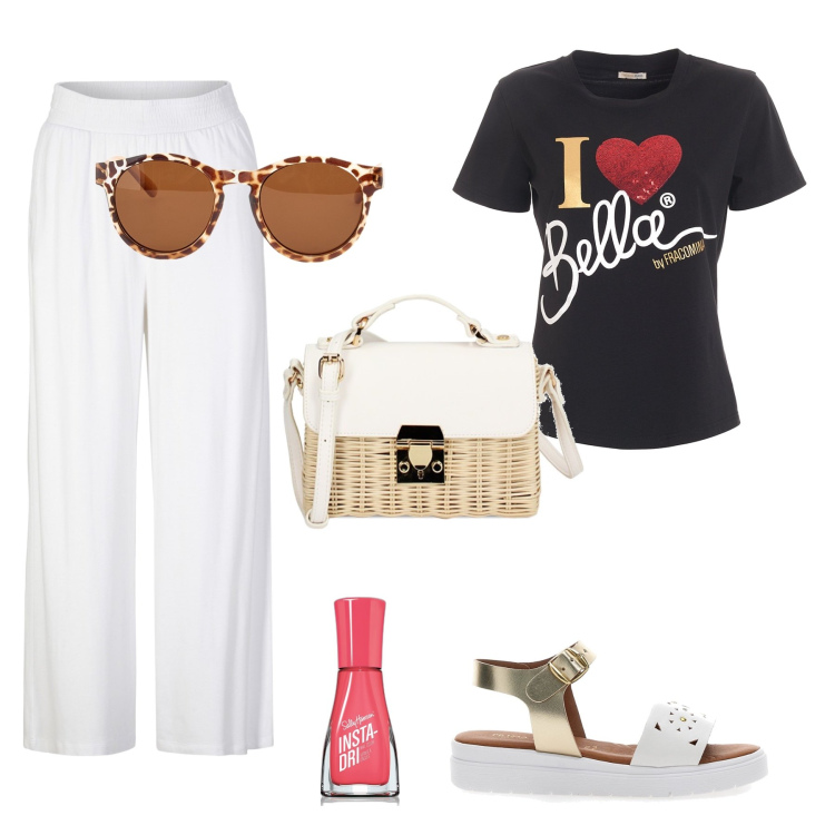 Outfit donna - Il mio outfit estivo. Stile Casual chic per Tutti i giorni. Abbinamento con pantaloni, smalti, t-shirt, borse a tracolla, sandali in pelle, occhiali da sole.