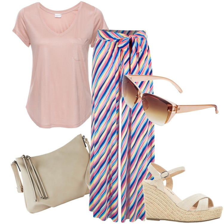 Outfit donna - Righe multicolor. Stile Casual chic per Tutti i giorni. Abbinamento con pantaloni a palazzo, sandali, occhiali da sole, maglieria, borse a tracolla.