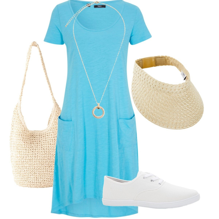 Outfit donna - Azzurro mare. Stile Basic per Tutti i giorni. Abbinamento con sneakers, vestiti, collane, cappelli con visiera, shopping bag.