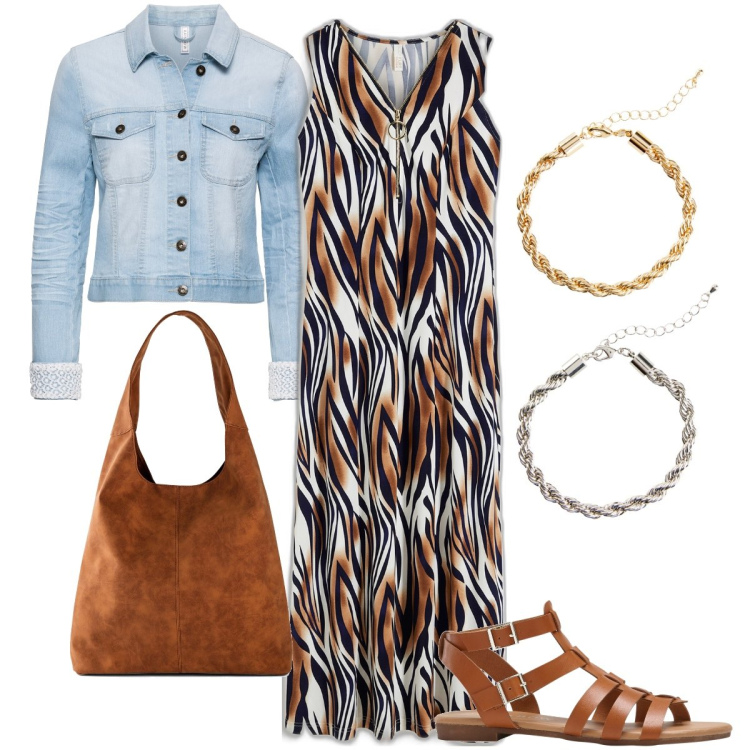 Outfit donna - L’abito animalier. Stile Casual chic per Serata fuori. Abbinamento con blazer, vestiti, sandali, shopping bag, braccialetti.