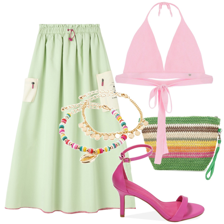 Outfit donna - Total look #1909548. Stile Boho per Serata fuori. Abbinamento con braccialetti con ciondoli, gonne lunghe, top, sandali col tacco, borse a mano.