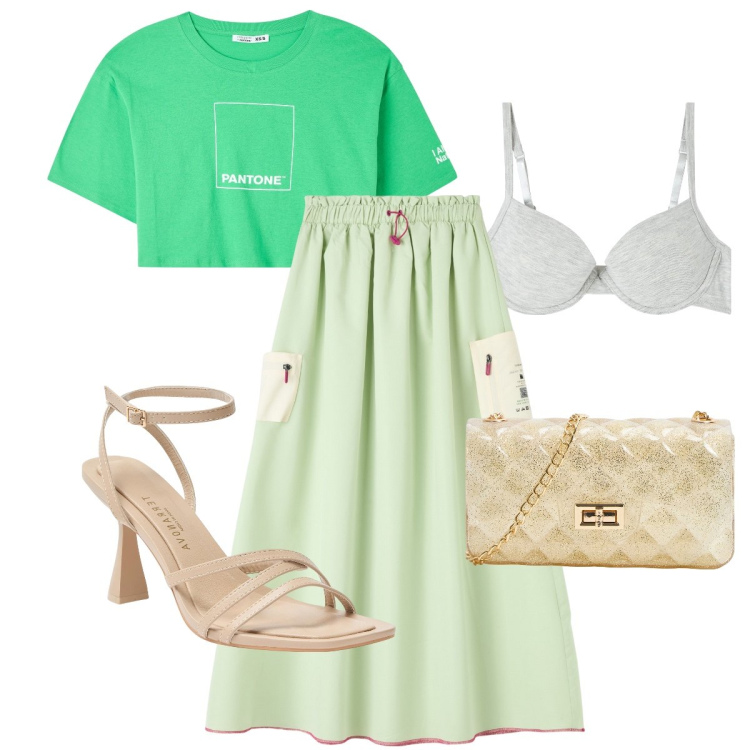 Outfit donna - La t-shirt crop. Stile Bon Ton per Serata fuori. Abbinamento con gonne lunghe, t-shirt, borse a tracolla, sandali col tacco, reggiseni push-up.
