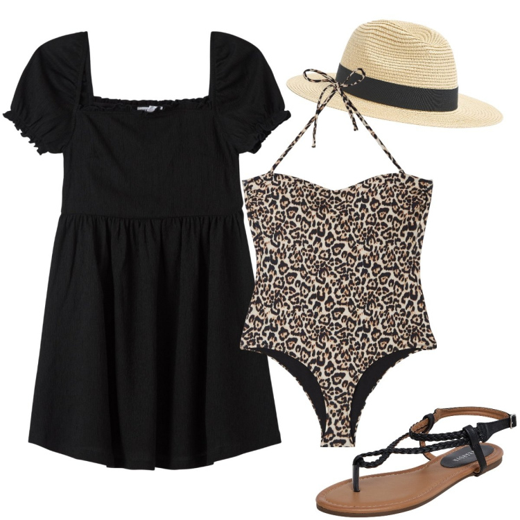 Outfit donna - Il costume leopardato. Stile Sexy per Mare. Abbinamento con costumi interi, ciabatte, cappelli, vestiti corti.