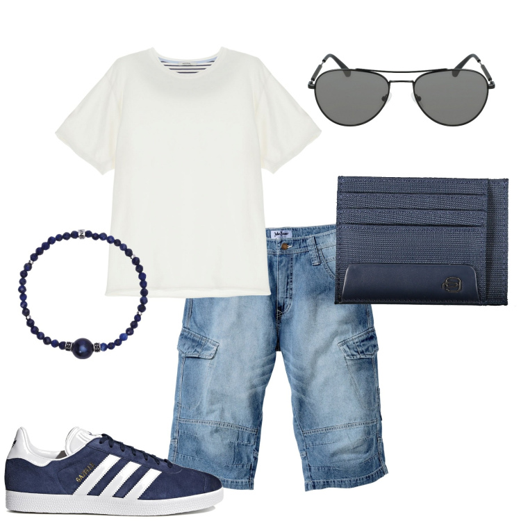 Outfit uomo - leggero. Stile Casual per Tutti i giorni. Abbinamento con bermuda, braccialetti, t-shirt, portafogli, sneakers, occhiali da sole.
