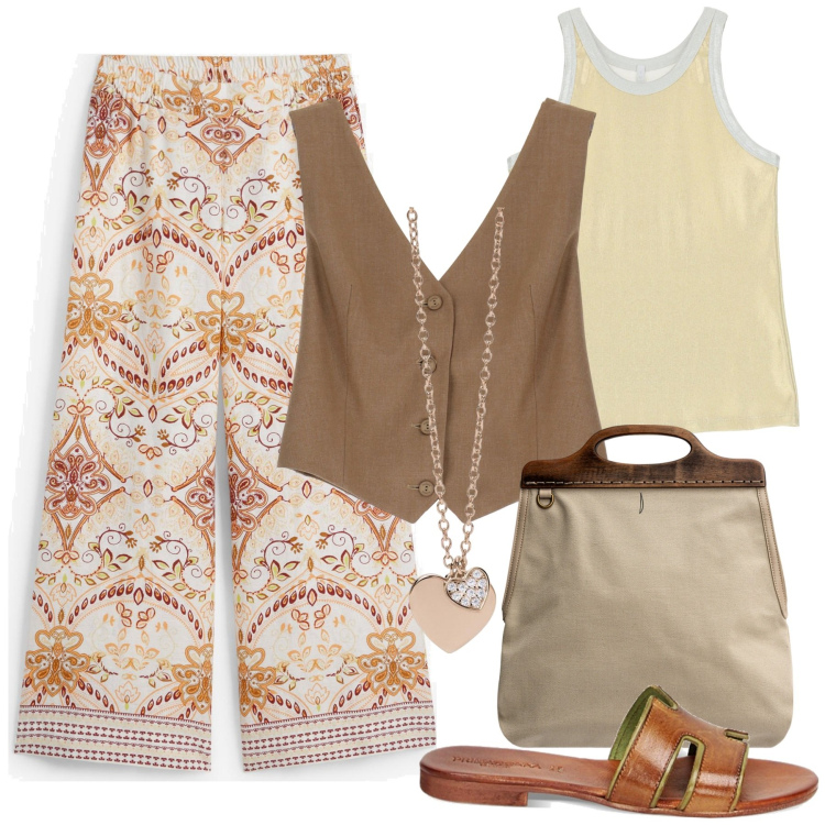 Outfit donna - Sentirsi libera. Stile Boho per Tutti i giorni. Abbinamento con pantaloni a palazzo, ciondoli, gilet, canottiere, sandali, borse a tracolla.