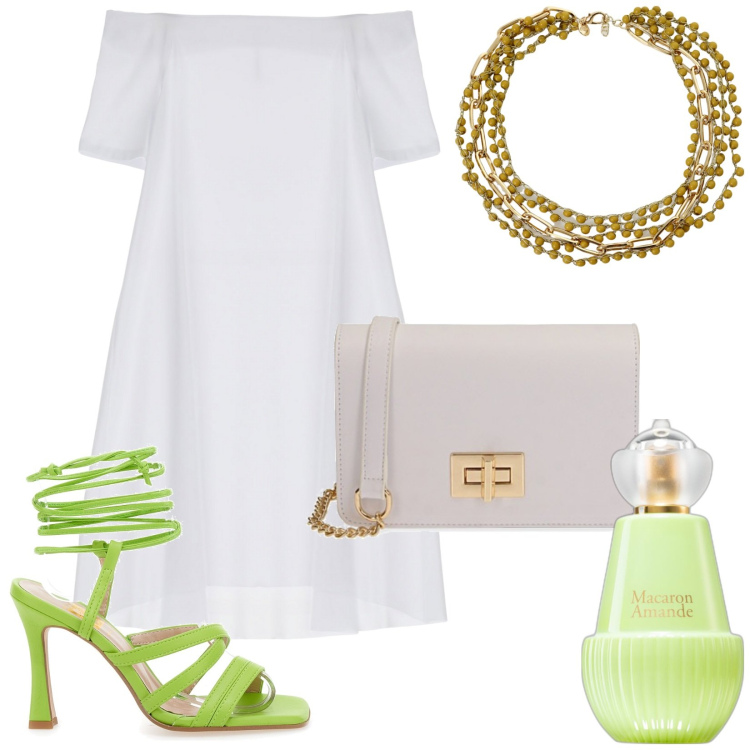 Outfit donna - Total look #1909557. Stile Minimal per Serata fuori. Abbinamento con profumi, vestiti corti, borse a tracolla, collane, sandali col tacco.