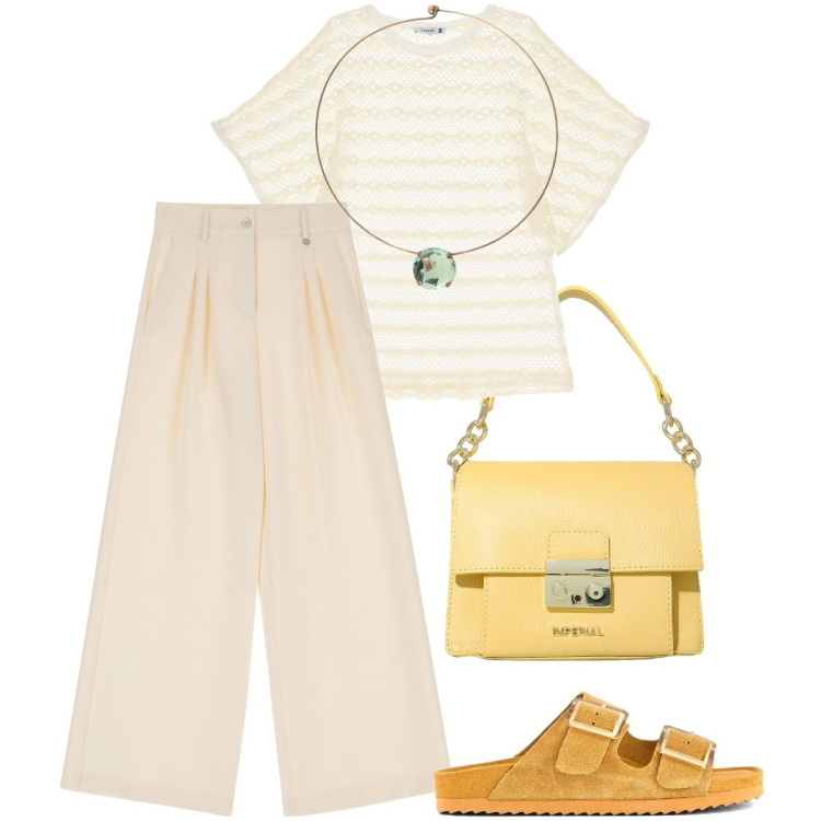 Outfit donna - Please Summer sale. Stile Trendy per Tutti i giorni. Abbinamento con t-shirt, pantaloni a palazzo, pochette, ciondoli, sandali.