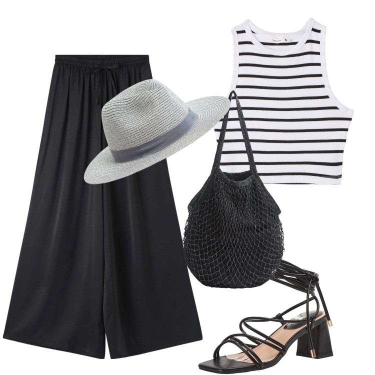 Outfit donna - Terranova summer sales. Stile Glamour per Ufficio. Abbinamento con cappelli, pantaloni a palazzo, sandali alla schiava, top, borse a tracolla.