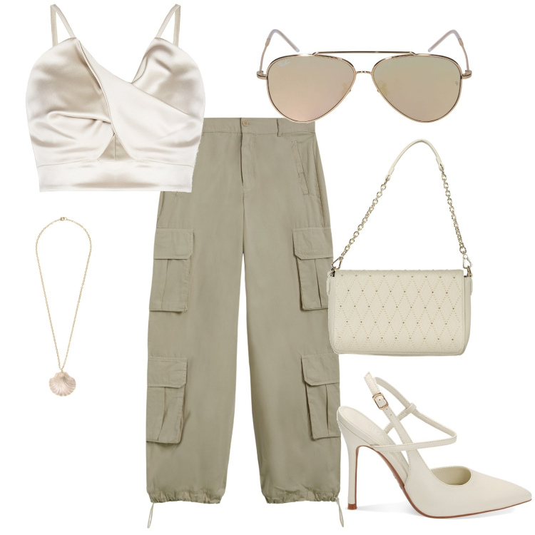 Outfit donna - insolito. Stile Casual per Serata fuori. Abbinamento con collane, top, pantaloni cargo, décolleté, occhiali da sole, borse a spalla.
