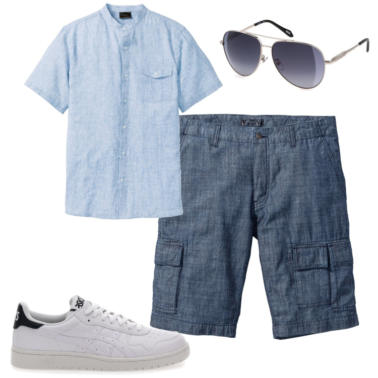 Outfit uomo - Lino so chic. Stile Trendy per Tutti i giorni. Abbinamento con bermuda, camicie a manica corta, occhiali da sole, sneakers.