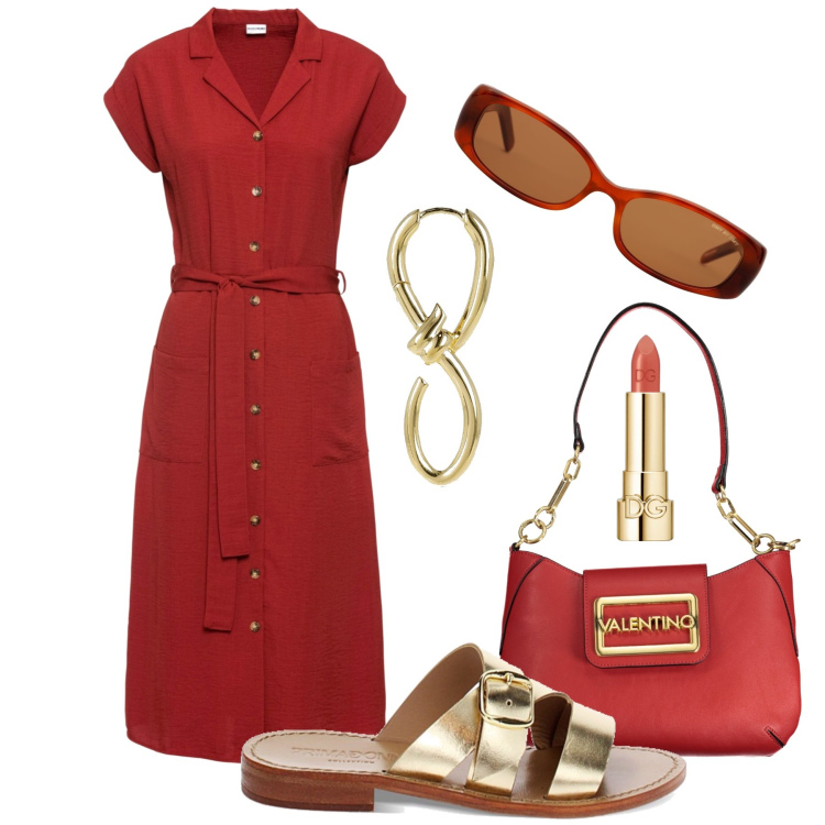 Outfit donna - Ufficio cherry & oro. Stile Glamour per Tutti i giorni. Abbinamento con vestiti, rossetti, sandali in pelle, borse a spalla, occhiali da sole, orecchini.