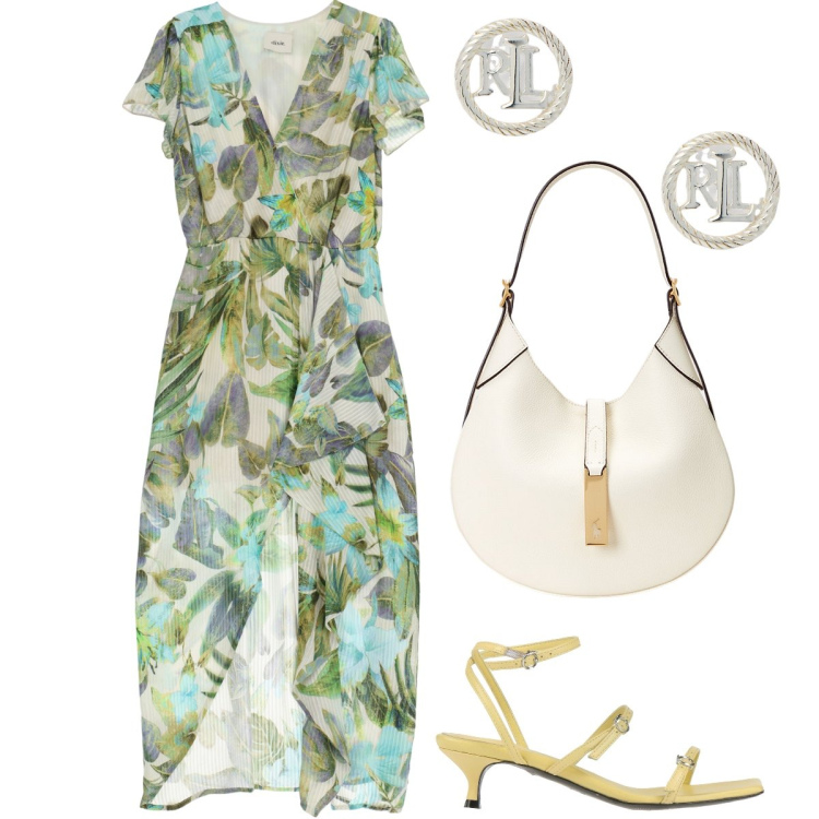 Outfit donna - Un abito leggerissimo. Stile Bon Ton per Serata fuori. Abbinamento con sandali in pelle, orecchini, borse a spalla, vestiti lunghi.