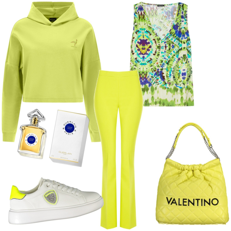 Outfit donna - Total look #1909603. Stile Casual per Tutti i giorni. Abbinamento con profumi, pantaloni, felpe con cappuccio, top, sneakers, borse a spalla.