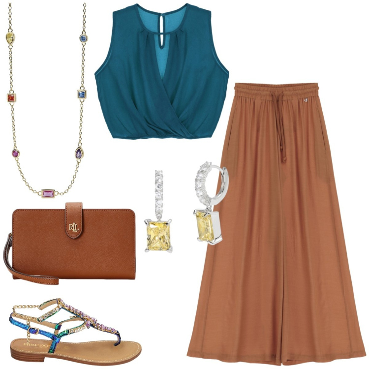 Outfit donna - Total look #1909605. Stile Casual chic per Tutti i giorni. Abbinamento con pantaloni a palazzo, top, collane, orecchini, ciabatte, pochette.