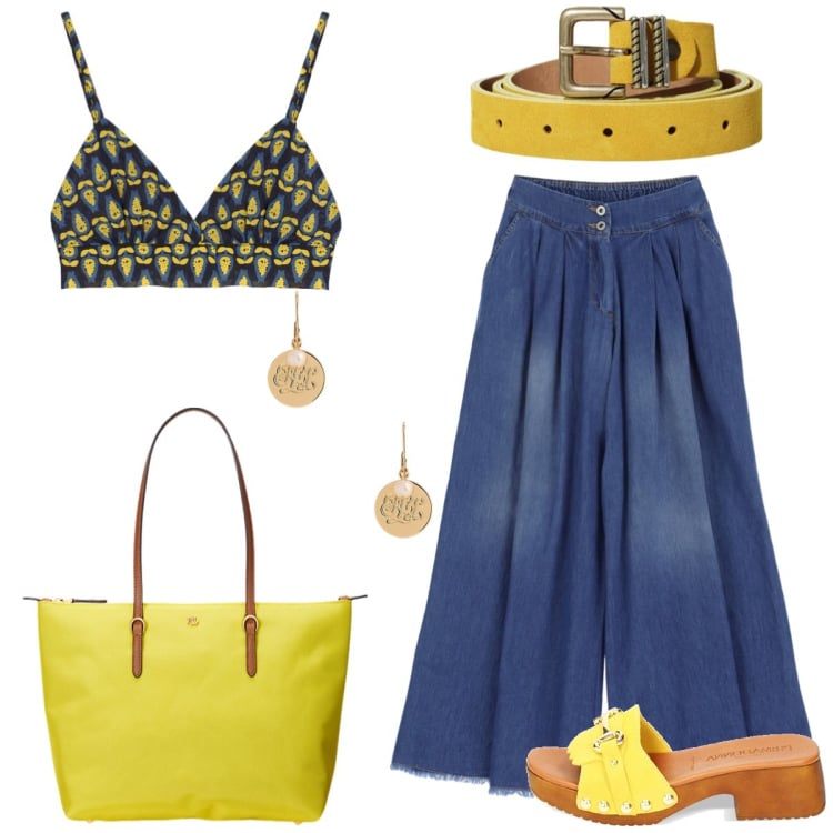 Outfit donna - Total look #1909609. Stile Vintage retrò per Tutti i giorni. Abbinamento con zoccoli, borse tote, orecchini, jeans, top, cinture.