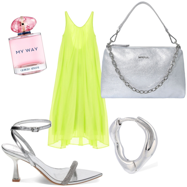 Outfit donna - Aperitivo sul lungomare. Stile Casual chic per Serata fuori. Abbinamento con profumi, pochette, vestiti lunghi, sandali gioiello, orecchini.